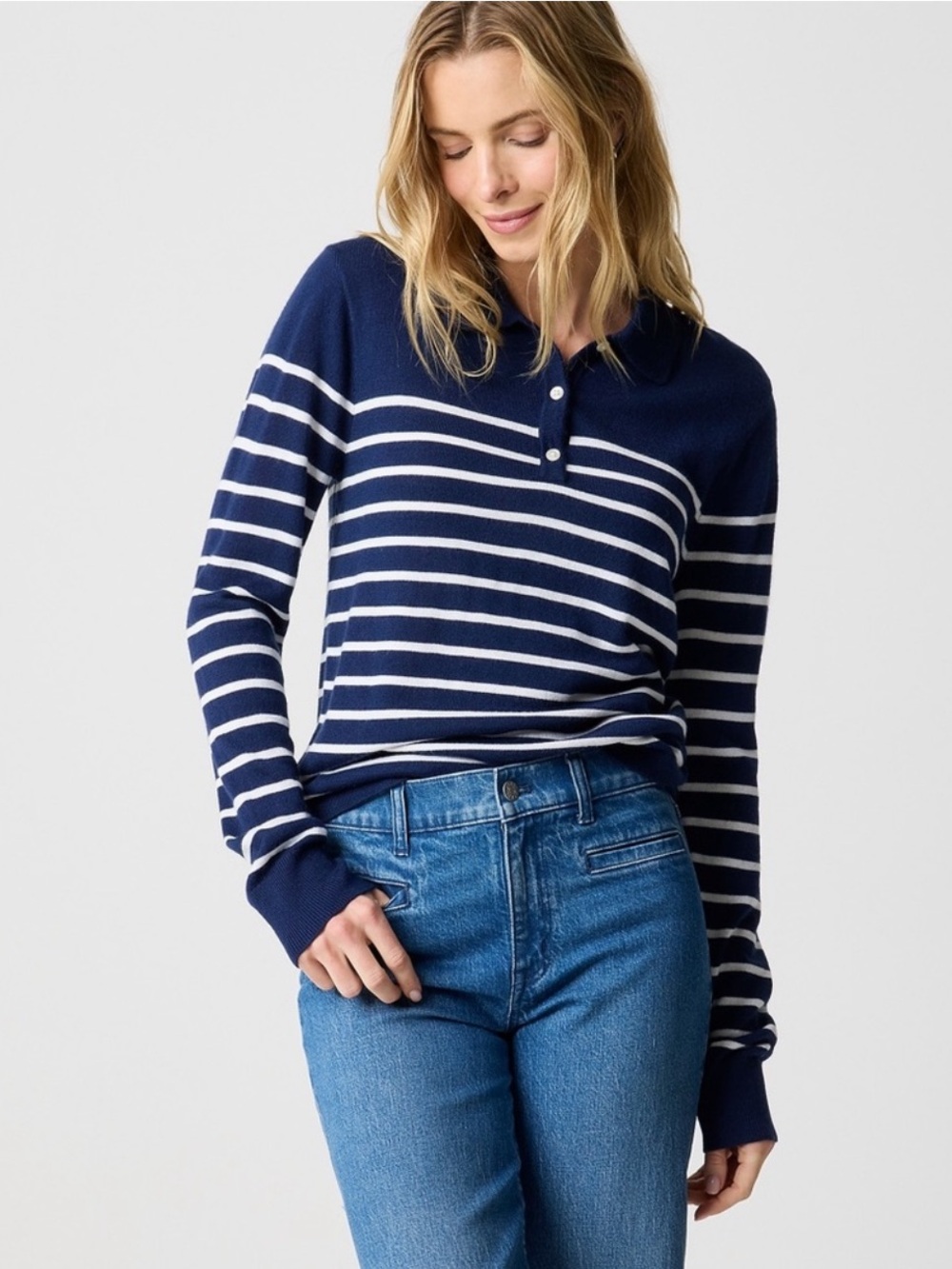 J. Crew Striped Merino Wool-Blend Polo Sweater XL Navy Blue Ivory Stripe Preppy